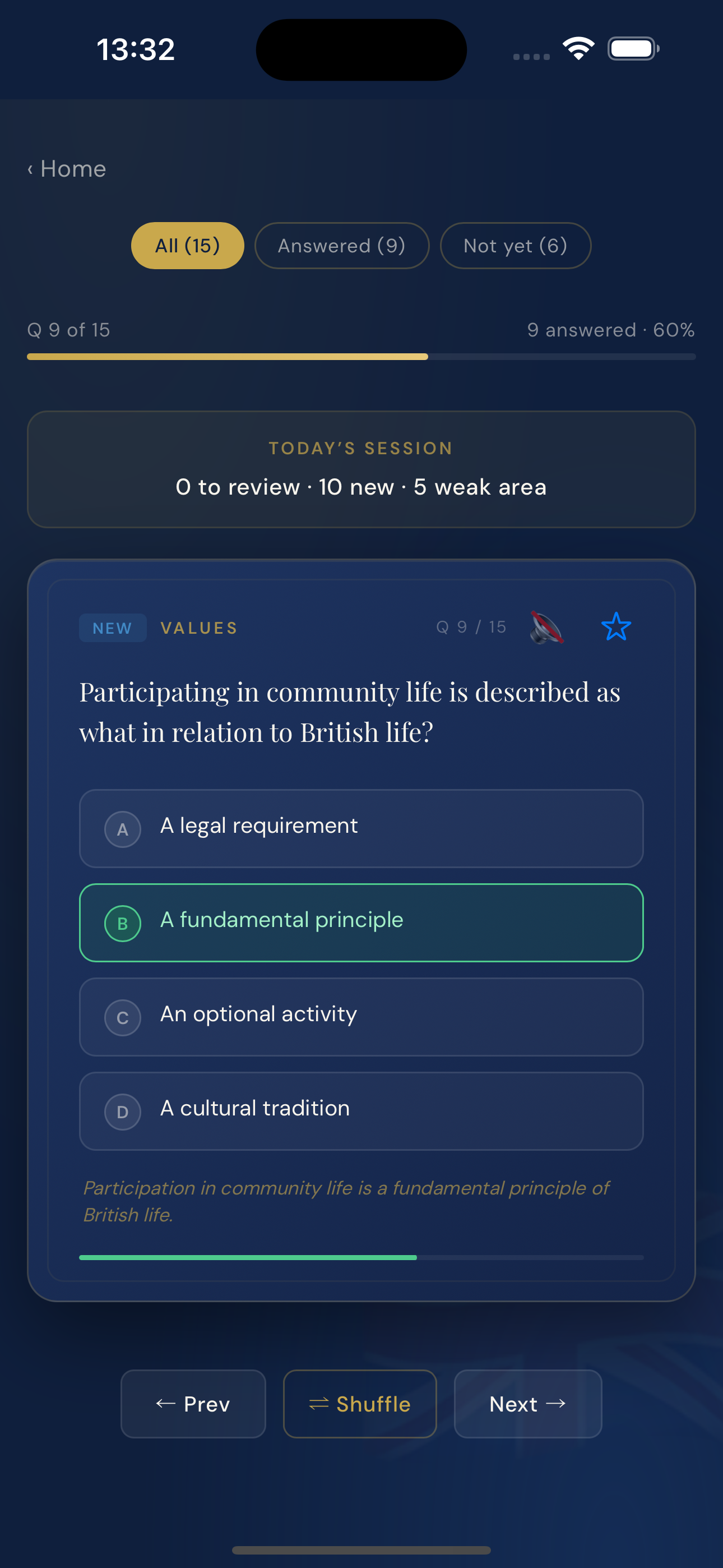 Flashcard question with multiple-choice answers and plain-English explanation