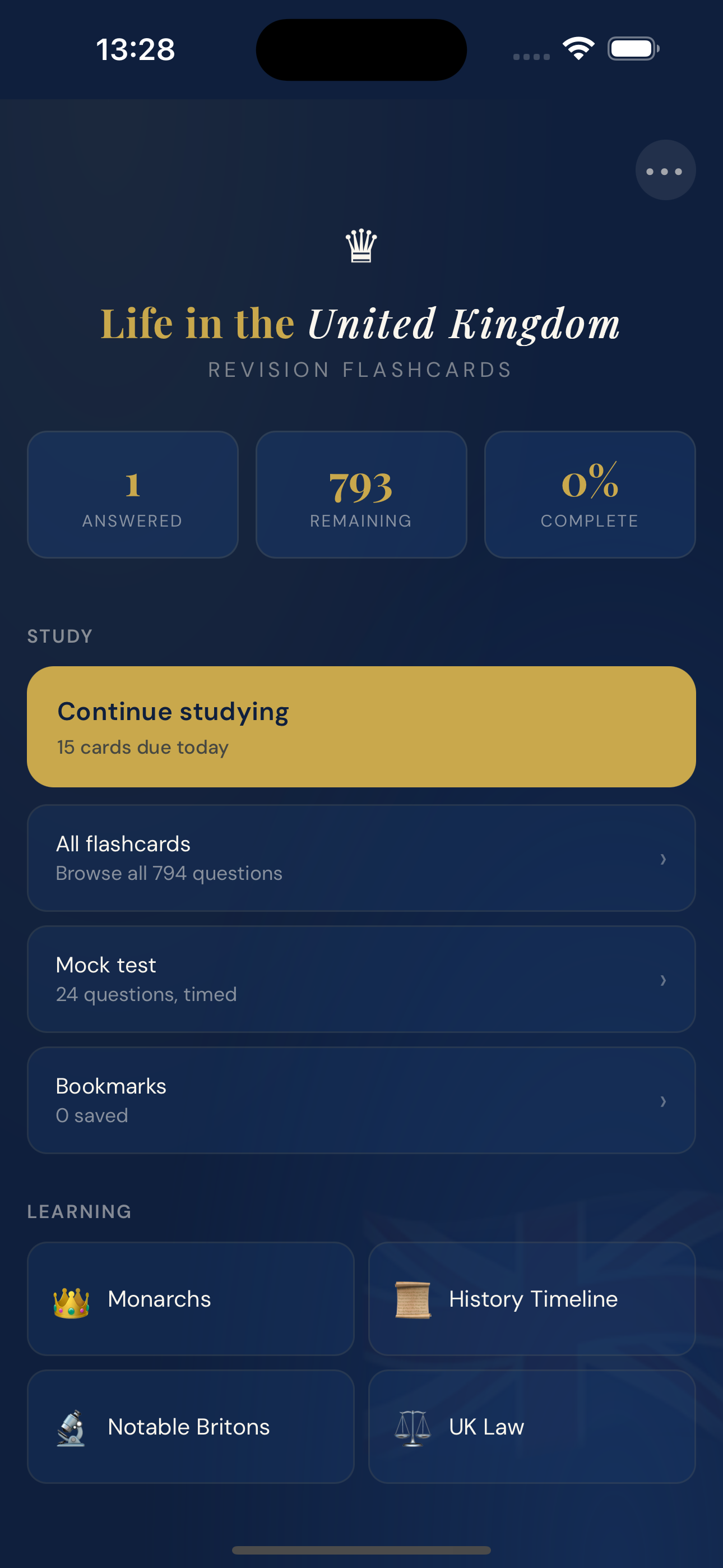 Life in the UK: Flashcards home screen showing study progress and learning modes